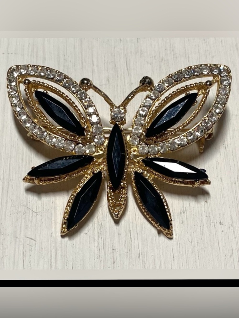 Vintage Black Gold Beaded Butterfly Brooch Pin Accessory Boho Fall Whimsigoth